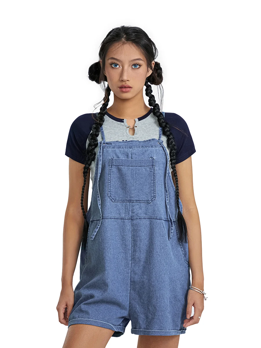 

ZZLBUF Women Denim Bib Overalls Jean Short Dungarees Adjustable Straps Pocket Romper Shorts Casual Rolled Cuff Shortalls