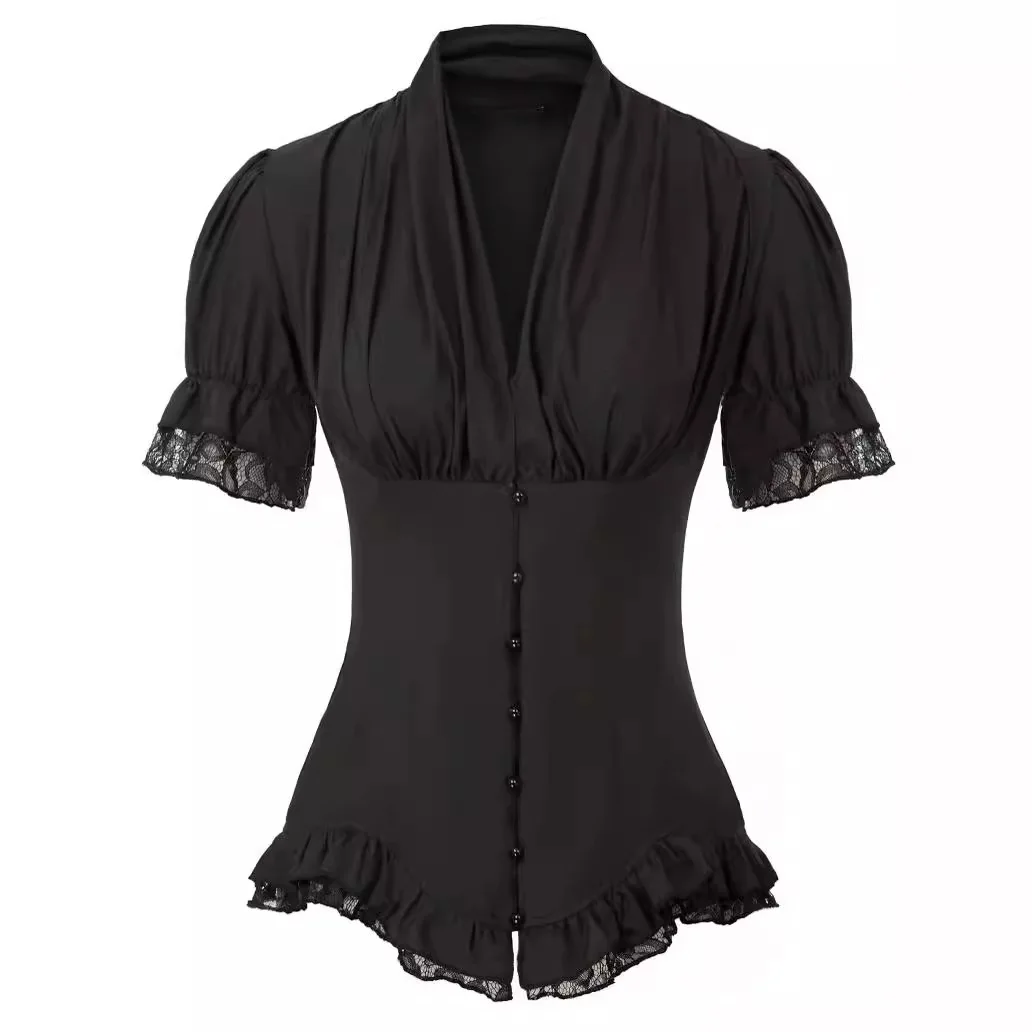 

Women 2024 Summer Short Sleeve Shirt Dressy Victorian Blouse Lace Up Top