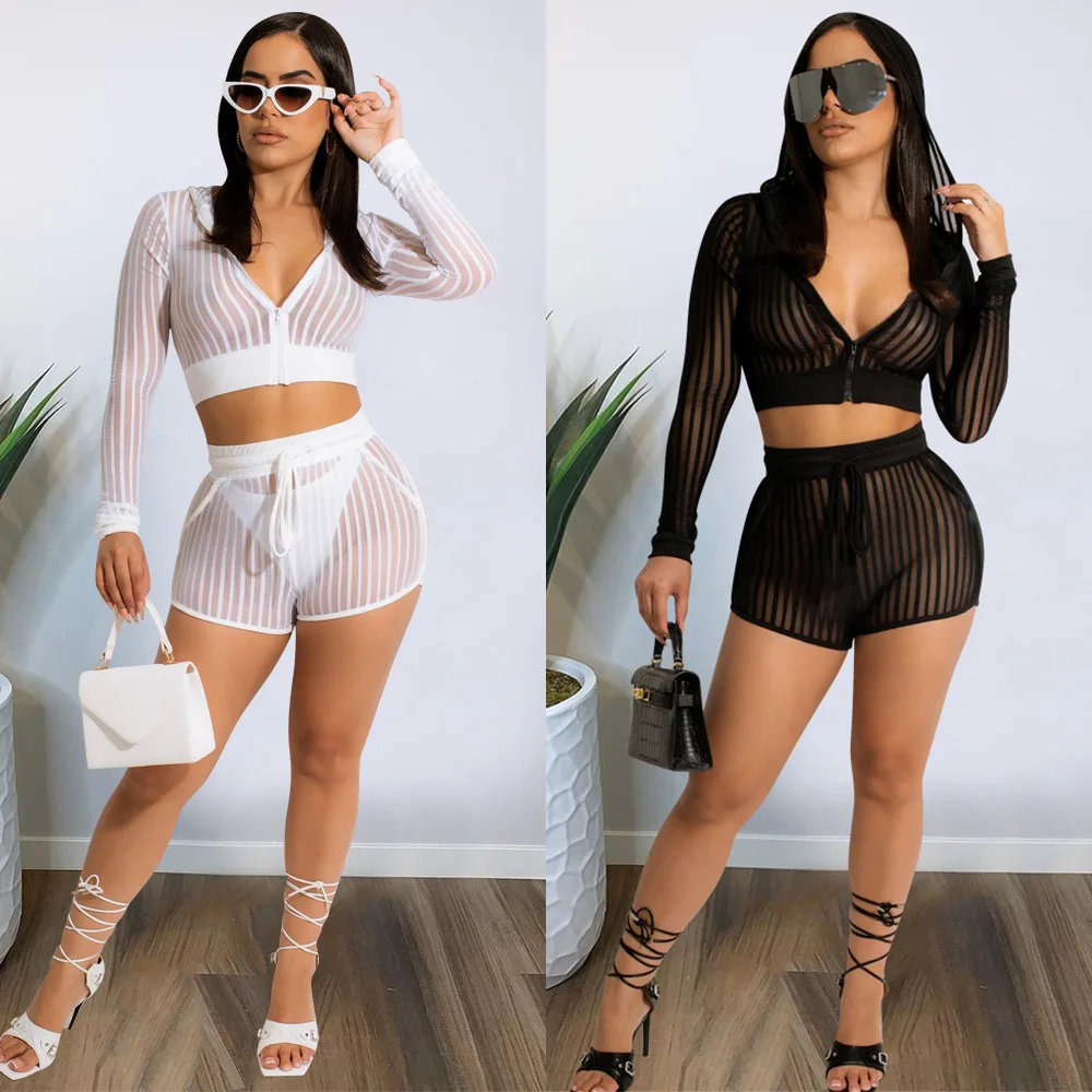 

Summer Mesh Casual 2 Two Piece Set Hoodies Tops Suits Joggers Tracksuit Cargo Pants Shorts Women Beach Holiday Vacation Outfits