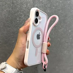 Premium Shockproof Clear Phone Case with Lanyard and Wrist Strap - iPhone 15 (Pink)