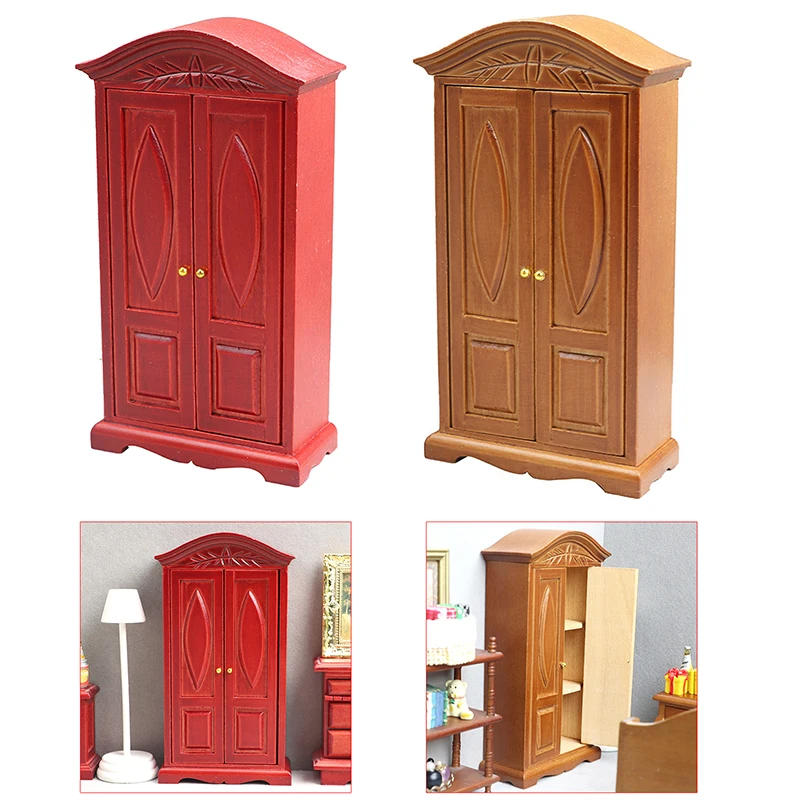 

1Pc 1:12 Dollhouse Miniature Wooden Wardrobe Carved Vintage Double-door Cabinet Furniture Model Decor Toy Doll House Accessories