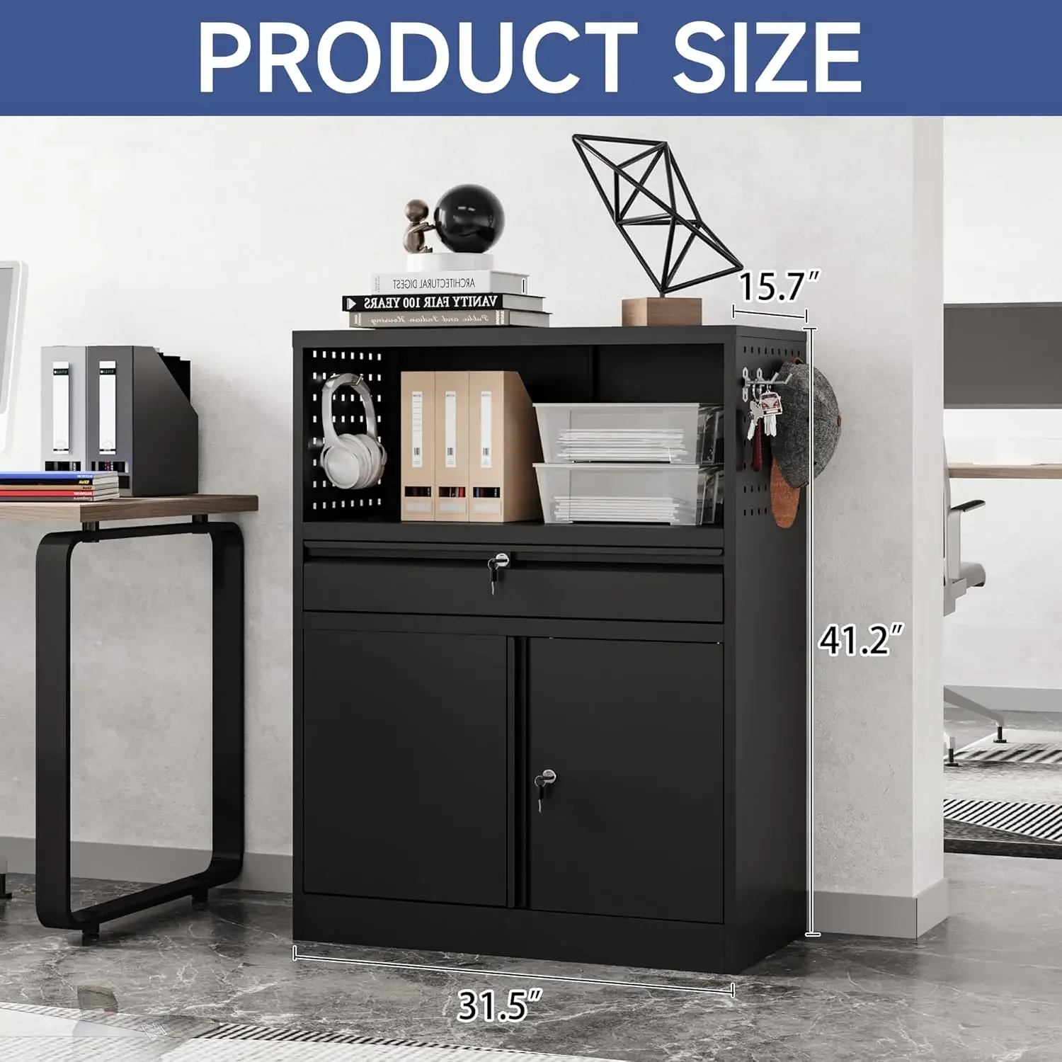 Storage with 1 Drawer, 41.2" Steel Lockable Storage with Side Pegboard, Locking Metal Cabinet for 3