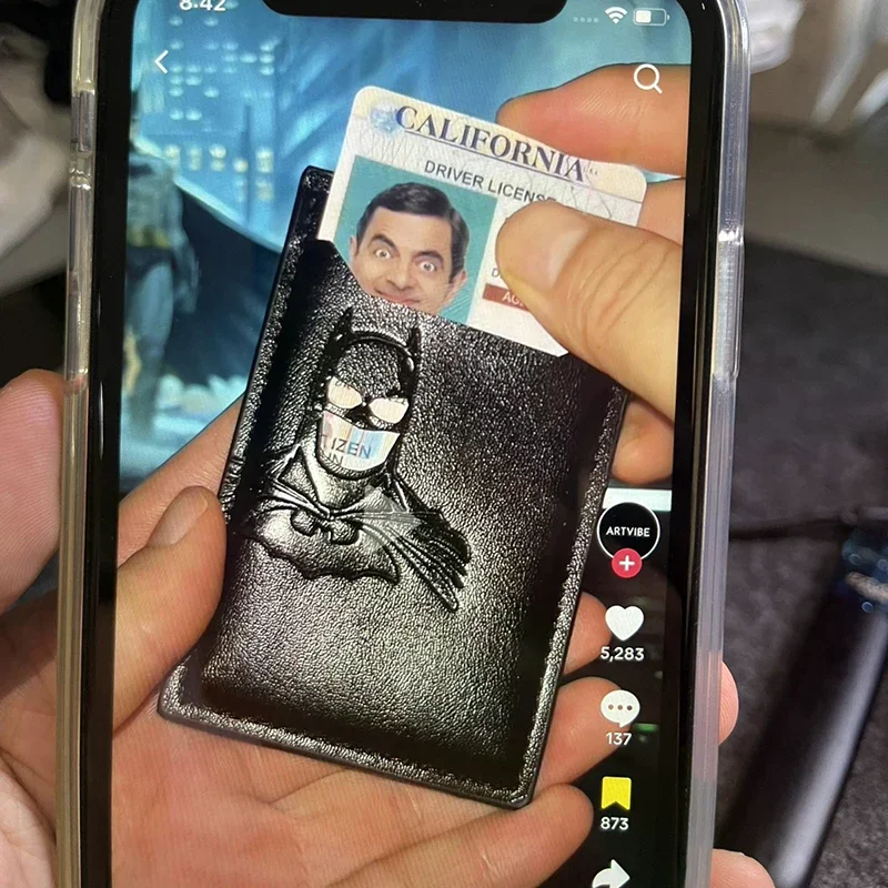 Vertical Leather Bat ID Wallet For Stylish Personalized Superhero Mask Design Card Holder Clip Gift