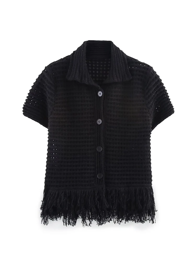 TFMLN Elegant Women's Tassel Knitted Mini Skirt Set Chic Hollow Out Short Sleeve Button Tops High Waist Skirt Female Slim Outfit