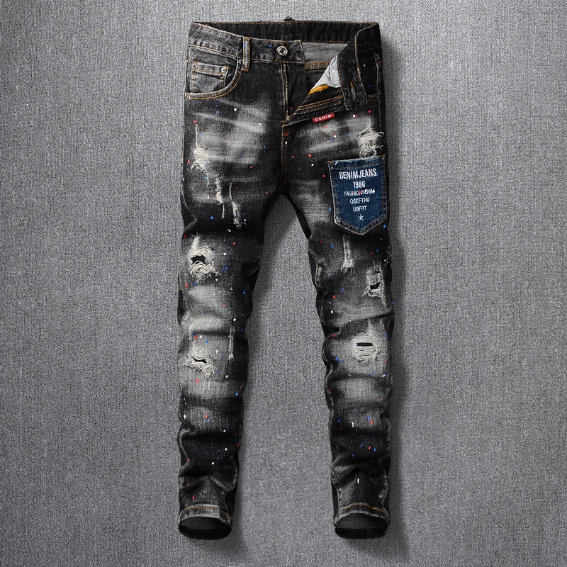 

High Street Fashion Men Jeans Retro Black Gray Stretch Slim Fit Ripped Jeans Men Pocket Patched Designer Hip Hop Vintage Pants