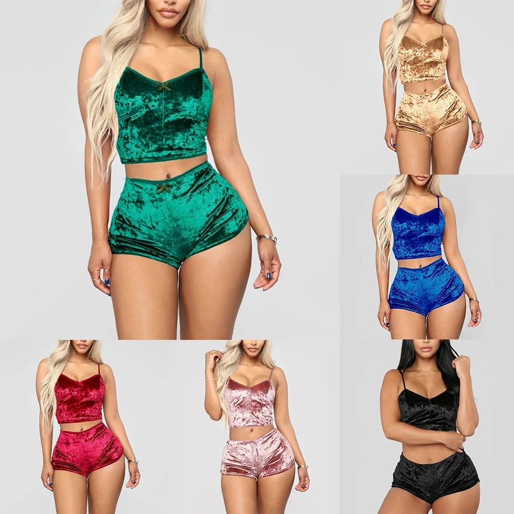 Women Sexy Lingerie Set Oil Shiny Nightwear Super Soft Short Sleepwear Sleeveless Crop Tops Solid Shorts Pajamas Set Casual Wear women pajamas set women pajama suit