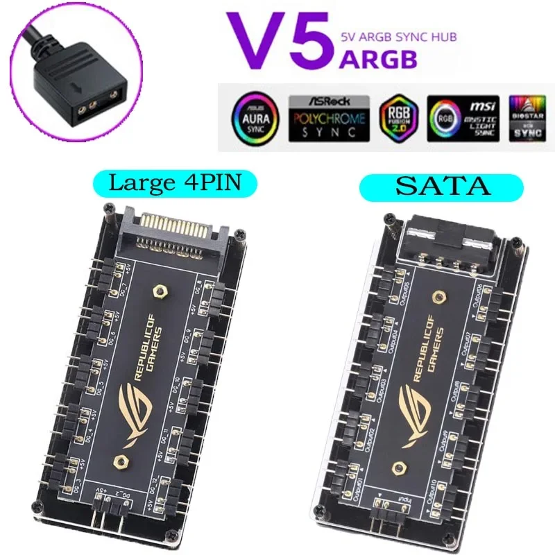 ARGB 케이블 분배기 허브, RGB 선풍기 허브 어댑터, 컴퓨터 데스크탑 PC 액세서리, Asus, MSI, GIGABYTE, ASRock 마더보드용, 10 인 1