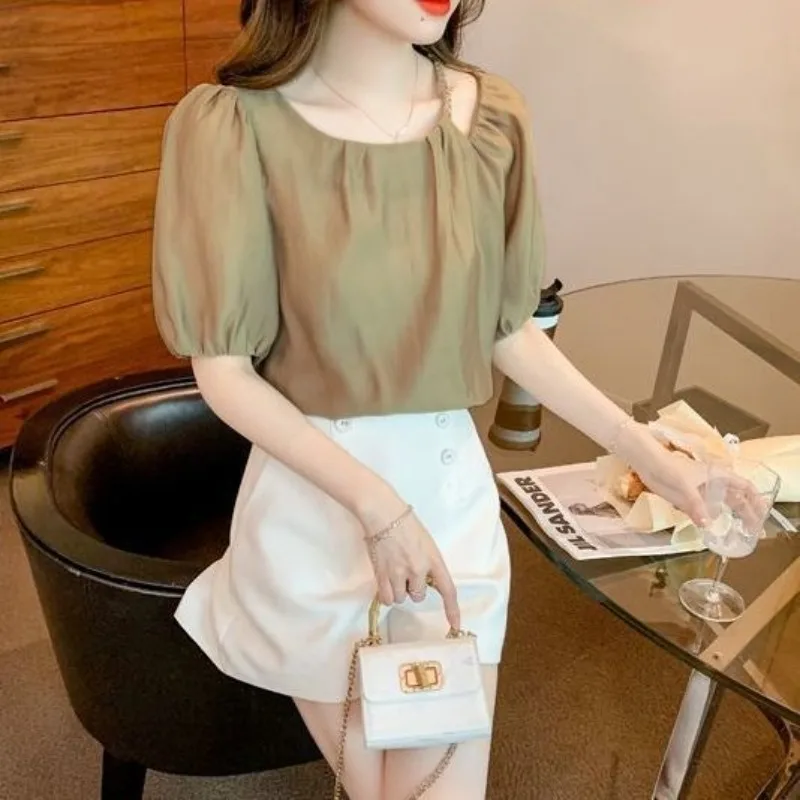 French Style Chic Puff Sleeve Chiffon Blouses 2024 Summer New Women's Solid Hollow Out Ruched Loose Commute Crew Neck Shirt Tops