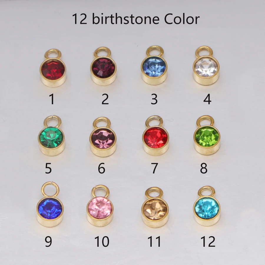 12 sztuk/partia złoty kolor 6mm okrągły kryształ Birthstone Charms ze stali nierdzewnej do wyrobu biżuterii bransoletka naszyjnik Charms