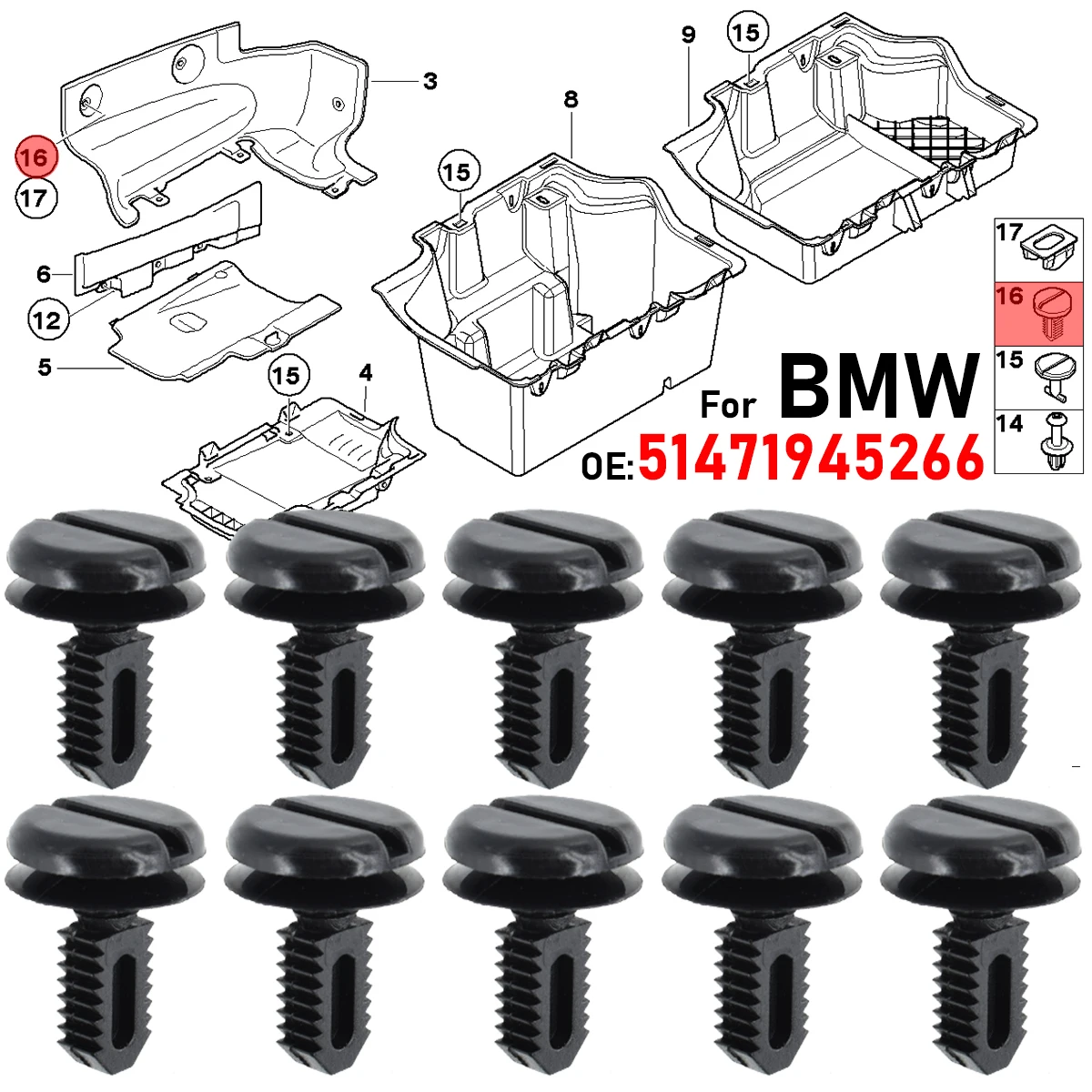 10X Trunk Lid Dash Battery Cover Shield Boot Lining Trim Clips For BMW E30 E91 E93 M3 E36 E46 E60 X3 E60 M5 E32 E83
