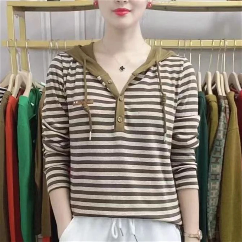 

2024 Women Korean Fashion Striped Print Patchwork Drawstring Hooded T Shirt Casual Long Sleeve Loose Pullover Tops Ropa De Mujer