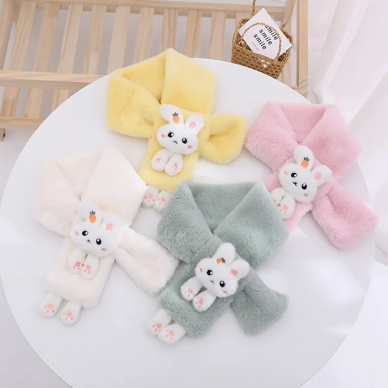 Korean Boys Girls Winter Thick Plush Cross Children\'s Scarf Baby Bib Cute Cartoon Rabbit Faux Fur Neck Protection Warm Shawl V49