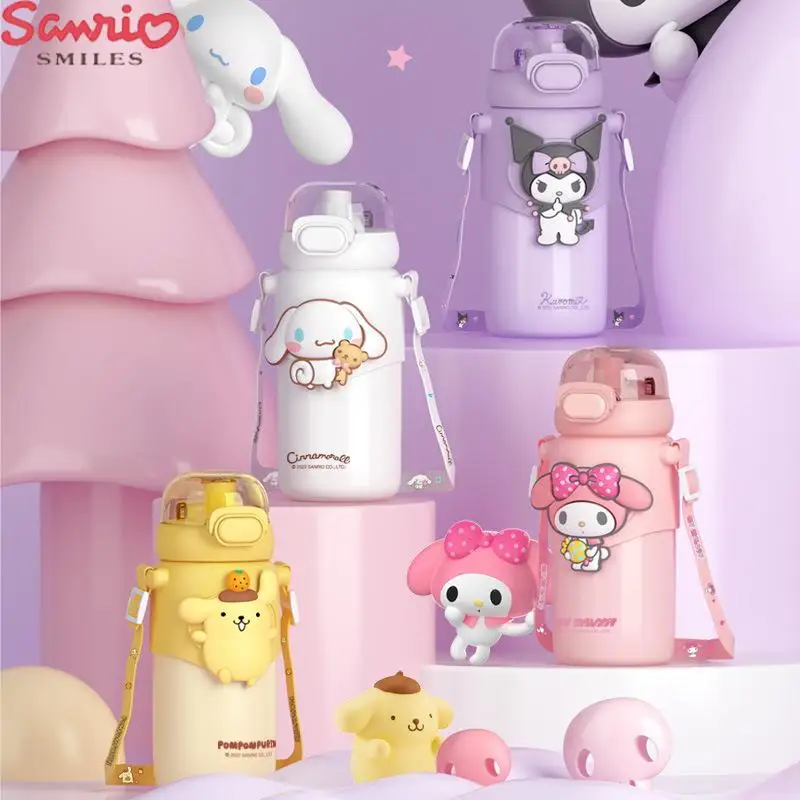 

Kawaii Cinnamoroll Kid Water Bottle Sanrio Kuromi Straw Thermos Mug Large Capacity Stainless Steel Thermos Mug Cute Cartoon Gift