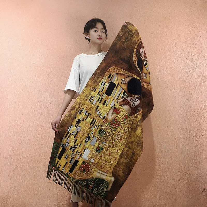 Gustav Klimt Oil Painting Silk Scarf for Women Luxury Brand Silk Shawl Designer Der Kuss Foulard Femme Summer Beach Cover up New 3