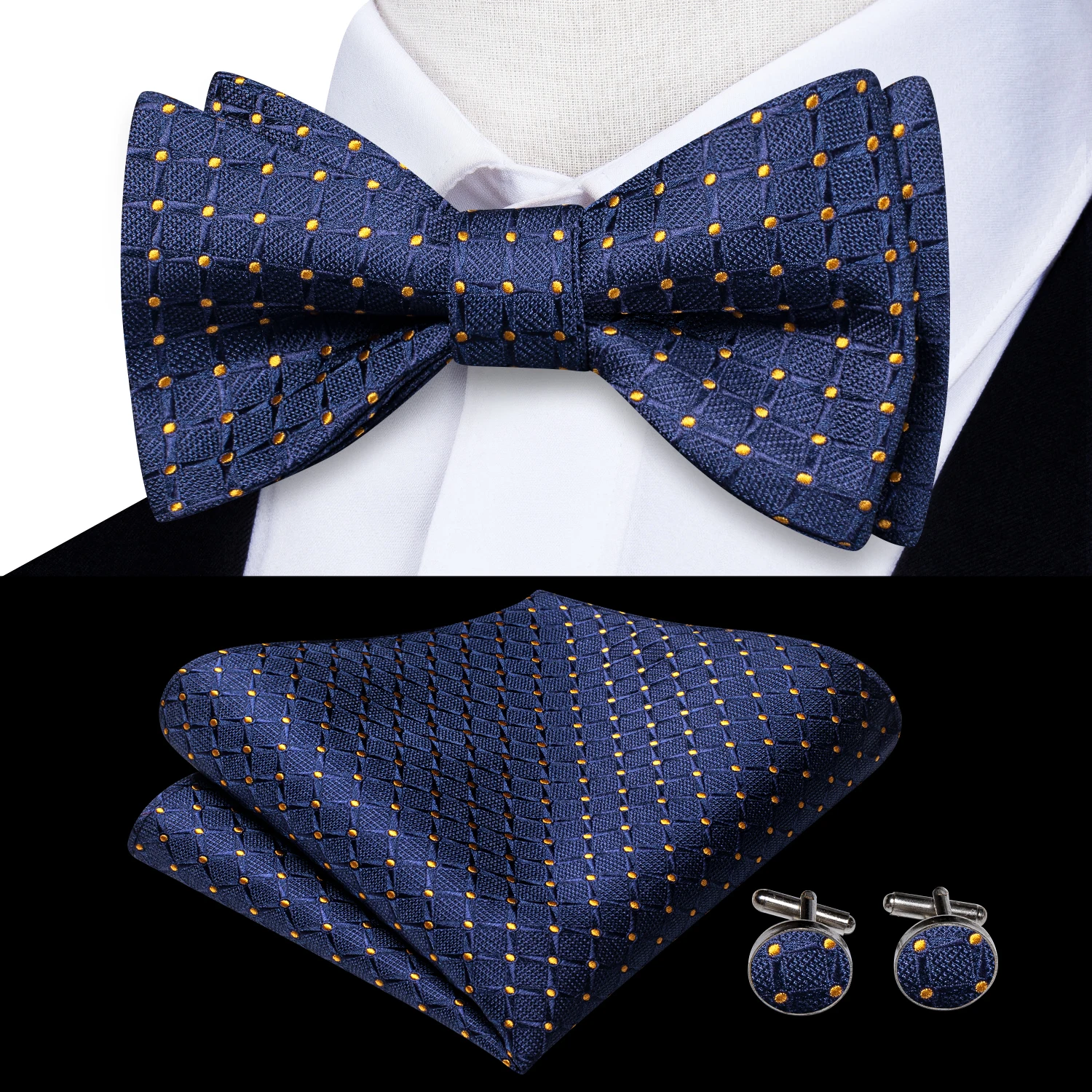 Jacquard Paisley Floral Dots Striped Silk Mens Bowtie Adjustable Self Bow Tie Hankerchief Cufflinks Set for Men Wedding Business neck tie pocket square mini handkerchief