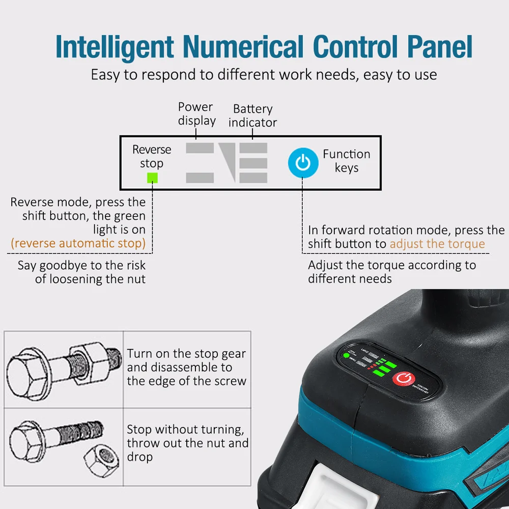 Gisam Chave de Impacto Elétrica Chave de Fenda sem Fio Brushless Ferramenta Elétrica Recarregável Drill Driver Luz Led para Makita 18v Massa - Image 5