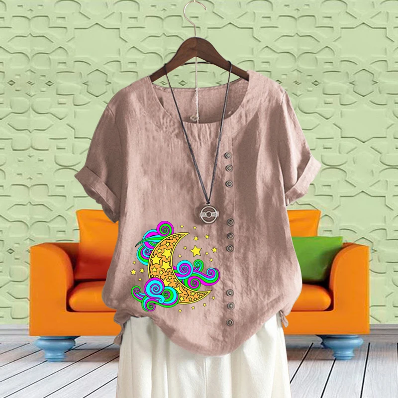 

New Summer Women Cotton Linen Colorful Moon Printed Shirts Casual Loose Short Sleeve Plus Size Round Neck T-shirts Top XS-5XL