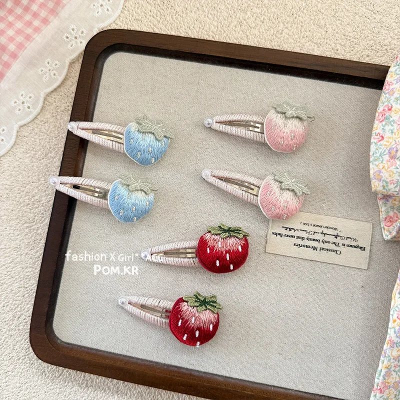 2pcs Baby Girls Strawberry Headwear Hair Clip for Kids Kawaii Hair Pin Embroidery Sweet Bang Side Clip Cute Hair Accessories