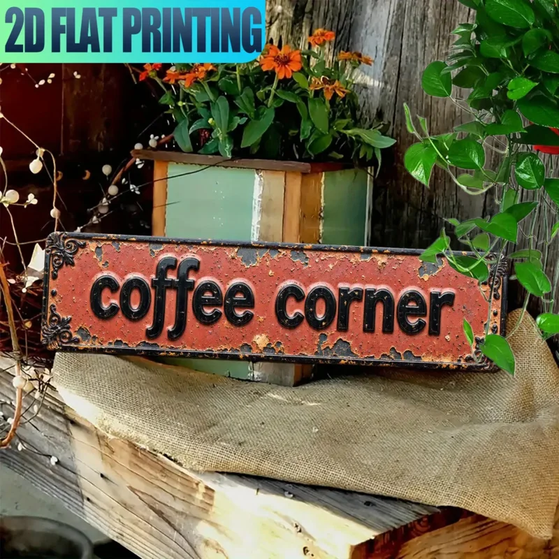 2D Flat, 1pc Vintage Coffee Corner Metal Sign - Rustic Farmhouse Coffee Shop Decor with Distressed Brown Lettering & Red Border