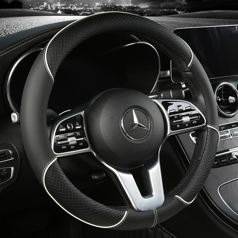 Full Leather Splicing Line Car Steering Wheel Cover Three-dimensional Non-slip Suitable for Car Decoration steering wheel cover