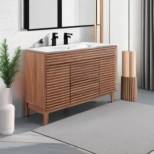 Render Vanity Floor, Single Sink, Walnut White 5