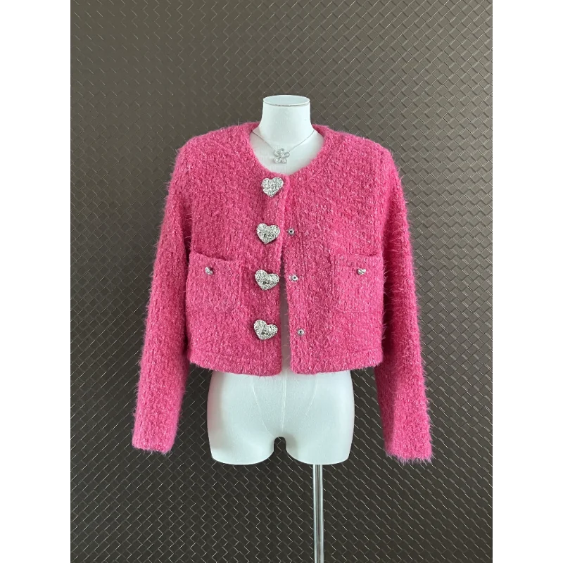 Pink White Round Neck French Coat Women Autumn Winter Love Button Elegant Sweet Casual Fashion Small Fragrant Tweed Short Jacket