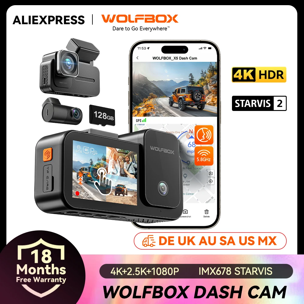 WOLFBOX X3 Dashcam 2.5K 60FPS Duale Anteriore/Posteriore – WiFi GPS ADAS + Scheda 64GB