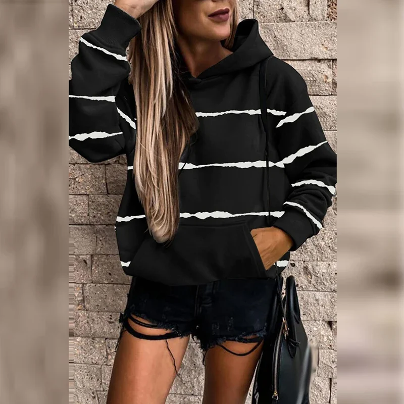 Fashion Print Multicolor Patchwork Hoodie Women Autumn Casual O-Neck Long Sleeve Hoodies Ladies Loose Office Pocket Hooded Tops