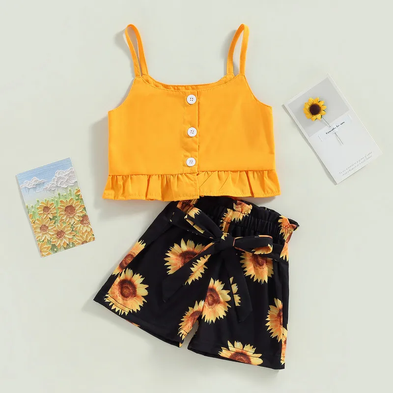 

2PCS Children Kids Baby Girls Short Sets Summer Clothes 2023 Outfits Button Down Tops Sunflower Belted Shorts Set Baby Items