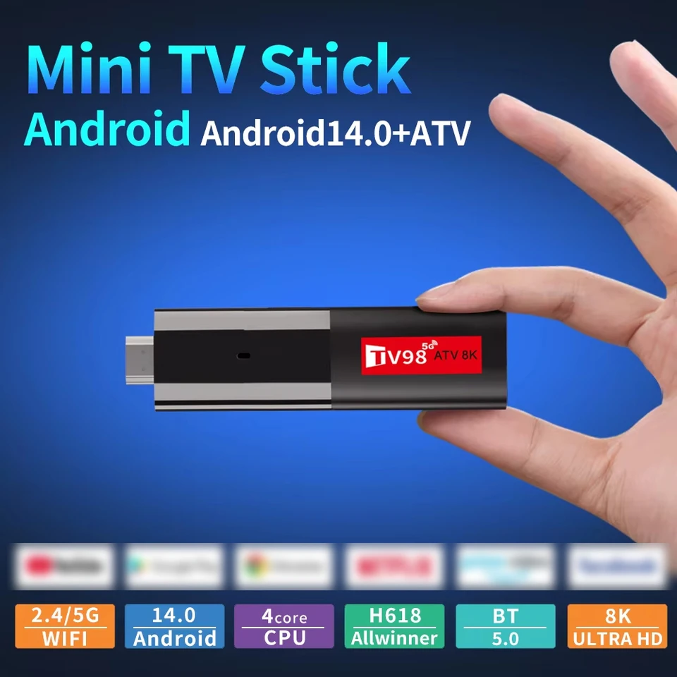 TV98 ATV Smart TV Stick Android 14 H618 2.4G 5G Wifi Support OTA