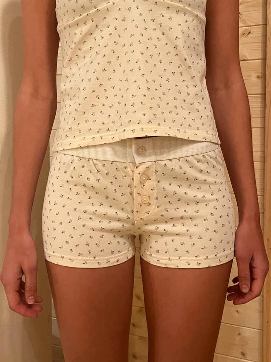 Purple Floral Print Home Shorts Summer Patchwork Elastic Waist Straight Short Pant Casual Cute Cotton Pants Woman Clothing