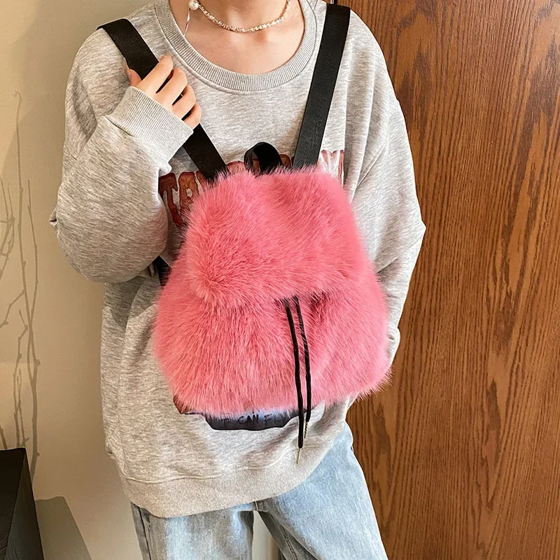 Cute Plush Mini Backpack Women's New Autumn And Winter Vintage Women's Backpack Student Class Commuter Small Backpack Bucket Bag 2