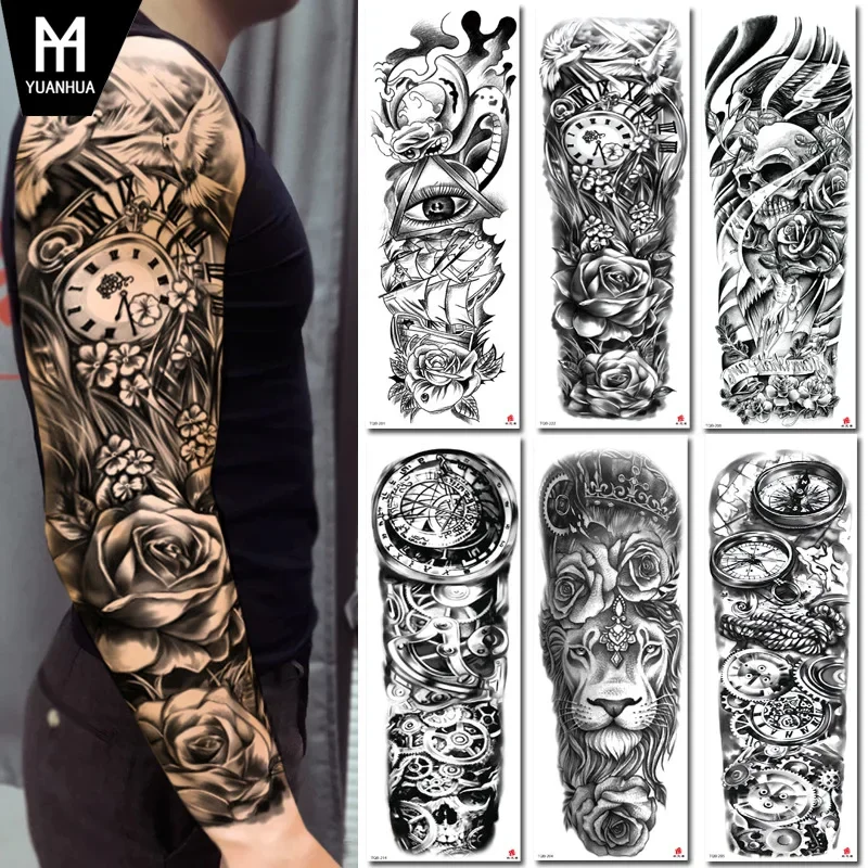 Full-arm Tattoo Stickers Temporary Tattoos With The Crown Of The Virgin Of Jesus And Lion Waterproof Tattoo Stickers