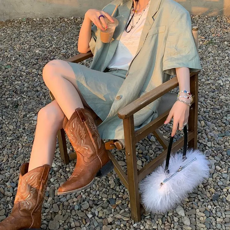 Women Boots Thick Heeled Leather Boots Women's V-neck Embroidered Knight Boots Female Side Zipper Long Retro Square Toe Boots