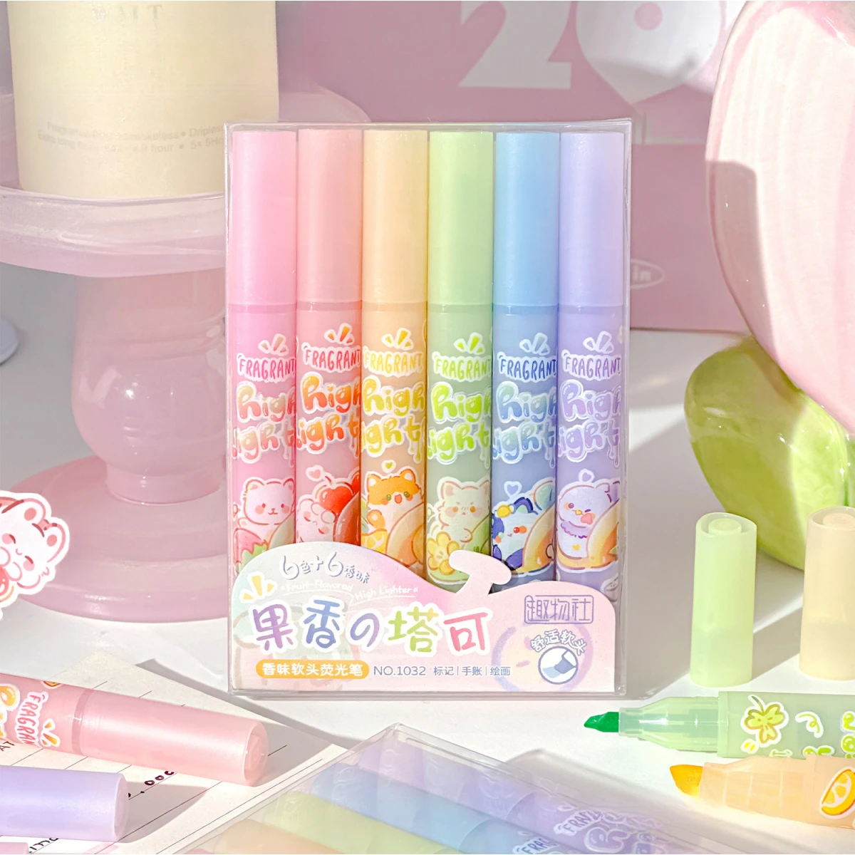 1 Set of 6 Different Colored Fruit-Scented Highlighters, Soft Pastel Highlighters for Office Use, Non-Toxic Scented Highlighters with Beveled Tip Suitable for School and Office - 4