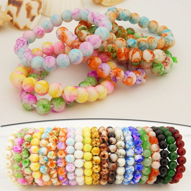 Natural Colorful Glass Beads Bracelets 8mm Adjustable Women Elastic