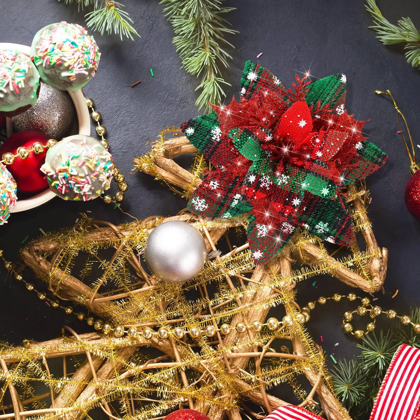 5 個のグリッタークリスマスポインセチア造花クリップ付き茎付き