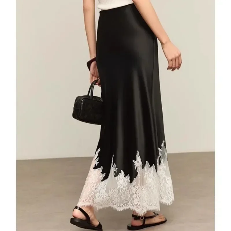 Fairy Lace-Trim Satin Midi Skirt High Wasit Elegant Wrapped Hip Long Skirts Party 2025 Fashion Trends Summer Women Clothing 3