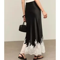 Fairy Lace-Trim Satin Midi Skirt High Wasit Elegant Wrapped Hip Long Skirts Party 2025 Fashion Trends Summer Women Clothing - Image 3