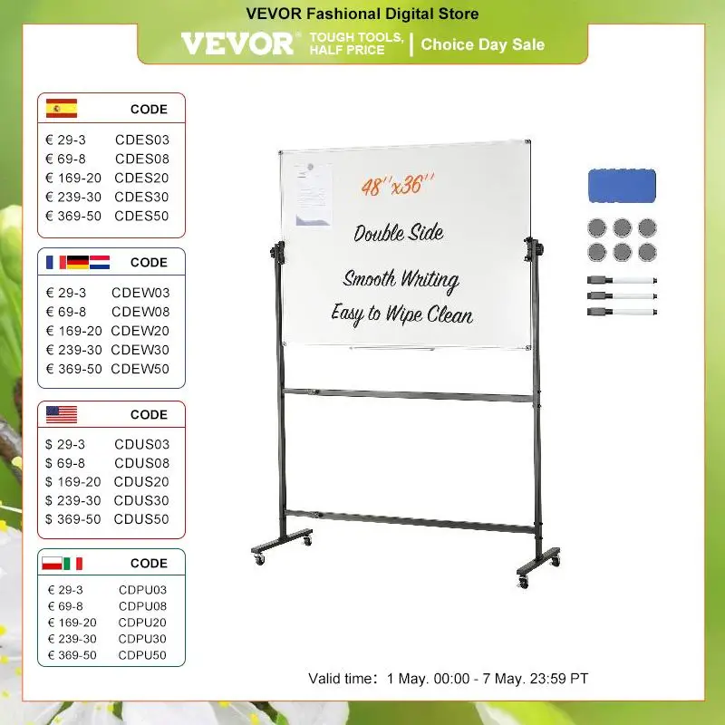 VEVOR Rolling Magnetic Whiteboard Double-Sided Mobile Whiteboard 360° Reversible Adjustable Height Dry Erase Board for School