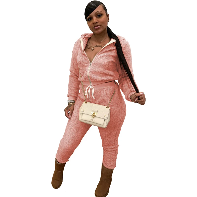 

Casual Fleece Two Piece Set Women Tracksuit Oversized Long Sleeve Hoodie Winter Solid Sport Pants Plus Size Knitted Suit Outfits