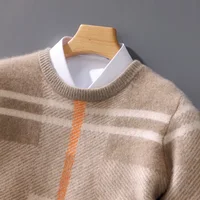 Autumn and winter new 100% pure merino wool pullover men's round neck cashmere sweater thickened warm loose Color block top 1