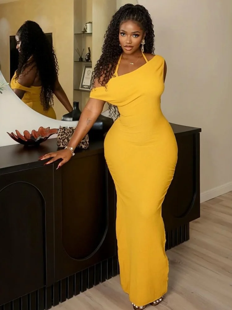 Wmstar Dress Whplesale Pleated Slimming Hip Hugging Off The Shoulder One Step Backless Slit Long Elegant Form Fitting Clothing