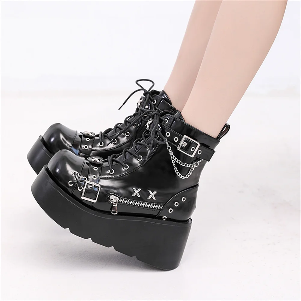 Brand New Ladies Goth Platform Ankle Boots Fashion Buckle Zip