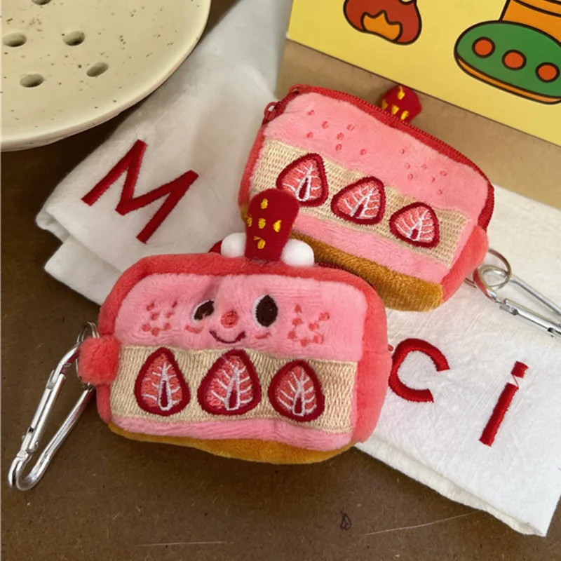 Strawberry Cake Earphone Case Pouch Plush Coin Purse Zipper Storage Bag Keychain Pendant