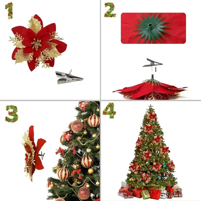 12/36PCS Glitter Künstliche Weihnachten Blumen Weihnachten Baum Ornamente mit Clip Hochzeit Party Neue Jahr Dekoration DIY kränze – Detail 12
