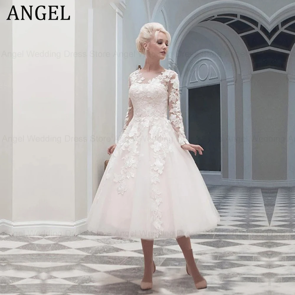 

ANGEL Princess Lace Tulle Wedding Dress Appliques Long Sleeves Button Bridal Gowns Tea Length Bride Party 2024 Custom Made