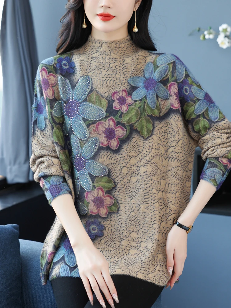 

Print Turtleneck Women's Sweater Autumn Winter Loose Women Clothing Pullover Tops Femme Jumper High Quality Sweater For Women