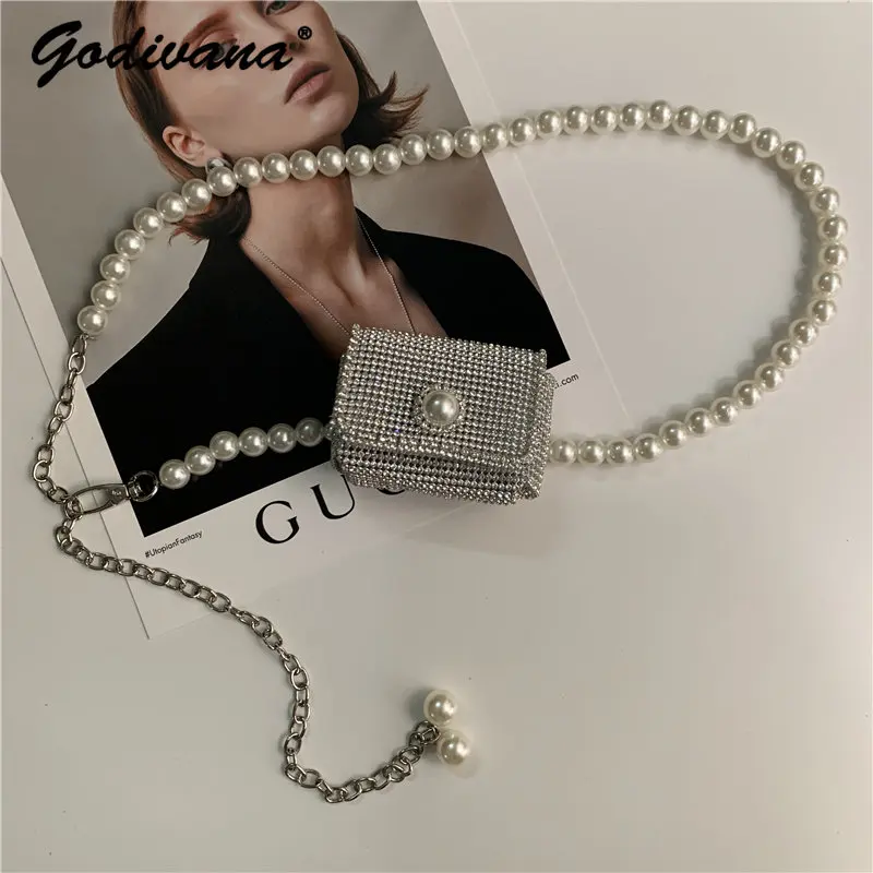 Classic Style Pearl Waist Bag Accessories Detachable Chain Belt Women's Rhinestone Small Bag Decorative Skirt Waistband Girdle