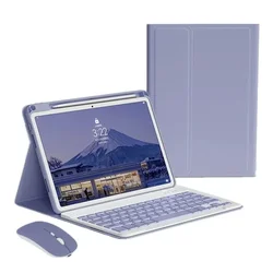 Versatile Tablet Case with Pencil Holder & Detachable Wireless Bluetooth Keyboard for Portuguese Keyboard (Purple 2)